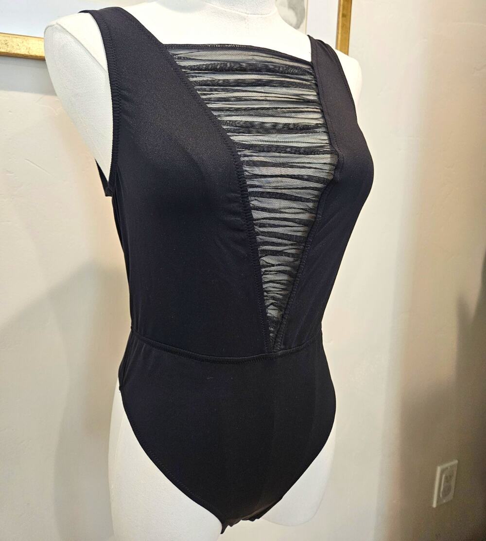 Victoria's Secret Black Mesh Plunge Bodysuit S Open Back O-Ring Teddy Leotard